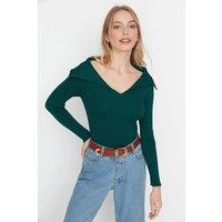 WOVCOR Women's Carmen Collar Knit Sweater Off-Shoulder Rib Knitted Jumper in Emerald | Size: Small