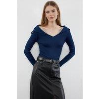 WOVCOR Women's Carmen Collar Knit Sweater Off-Shoulder Rib Knitted Jumper in Navy | Size: Small