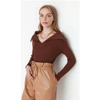 WOVCOR Women's Carmen Collar Knit Sweater Off-Shoulder Rib Knitted Jumper in Brown | Size: Small