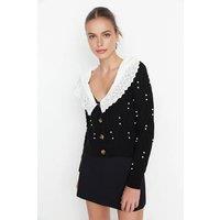 WOVCOR Women's Shirt Woven Garni Collar Detailed Knit Cardigan in Black | Size: Large