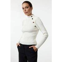 WOVCOR Women's Stand-Up Collar Slim Rib Knit Sweater With Button Detail in White | Size: Small