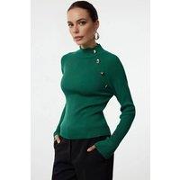 WOVCOR Women's Stand-Up Collar Slim Rib Knit Sweater With Button Detail in Green | Size: Small