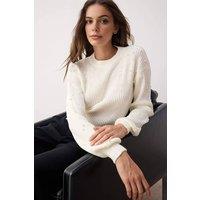 WOVCOR Women's Crew Neck Knit Sweater with Pearl Details in White | Size: Small