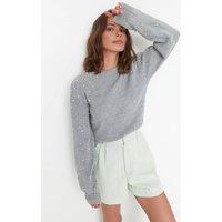 WOVCOR Women's Crew Neck Knit Sweater with Pearl Details in Grey | Size: XS