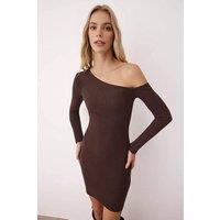 WOVCOR Women's Asymmetrical Ribbed Knit Pencil Dress Mini in Brown | Size: Large