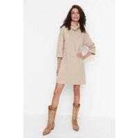 WOVCOR Women's Turtleneck Ribbed Knit 3/4 Sleeve Mini Dress in Taupe | Size: XS