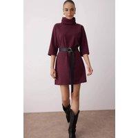 WOVCOR Women's Turtleneck Ribbed Knit 3/4 Sleeve Mini Dress in Plum | Size: XS