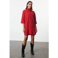 WOVCOR Women's Turtleneck Ribbed Knit 3/4 Sleeve Mini Dress in Red | Size: Small