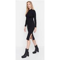 WOVCOR Women's Midi Ribbed Knit Pencil Dress With Side Slit in Black | Size: XS