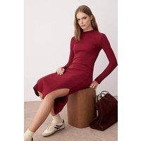 WOVCOR Women's Midi Ribbed Knit Pencil Dress With Side Slit in Burgundy | Size: Small
