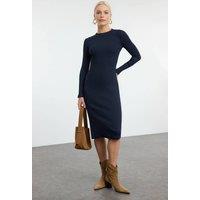 WOVCOR Women's Midi Ribbed Knit Pencil Dress With Side Slit in Navy | Size: Medium