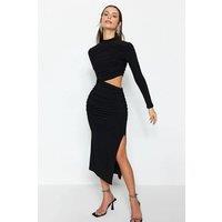 WOVCOR Women's Cut Out Side Ruched Midi Bodycon Evening Dress in Black | Size: 10
