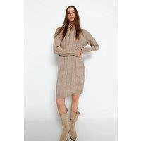WOVCOR Women's Mini Crew Neck Ribbed Knit Dress in Taupe | Size: Small