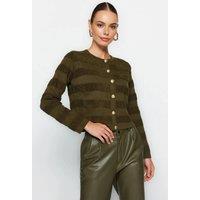 WOVCOR Women's Crew Neck Ribbed Knit Cardigan in Khaki | Size: Large