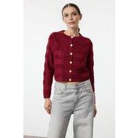 WOVCOR Women's Crew Neck Ribbed Knit Cardigan in Burgundy | Size: Large