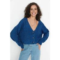 WOVCOR Women's Crop Soft Textured Knit Cardigan With Button Detail in Indigo | Size: Small