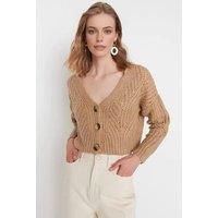 WOVCOR Women's Crop Soft Textured Knit Cardigan With Button Detail in Camel | Size: Medium