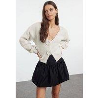 WOVCOR Women's Soft Textured Knit Cardigan Rose Detail in Stone | Size: Medium
