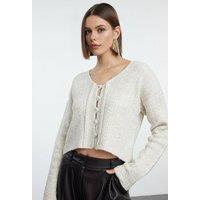 WOVCOR Women's Cropped Ribbed Knit Cardigan Button-Detail in Stone | Size: Small