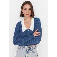 WOVCOR Women's Cropped Rib Knit Cardigan Collar-Detail in Indigo | Size: Large