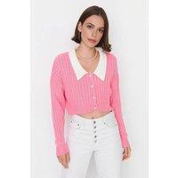 WOVCOR Women's Cropped Rib Knit Cardigan Collar-Detail in Pink | Size: Small