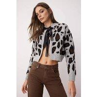 WOVCOR Women's Leopard Print Crop Knit Cardigan Button Detail in Light Grey | Size: Small