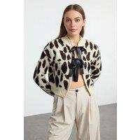 WOVCOR Women's Leopard Print Crop Knit Cardigan Button Detail in Stone | Size: Small