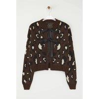 WOVCOR Women's Leopard Print Crop Knit Cardigan Button Detail in Brown | Size: Small
