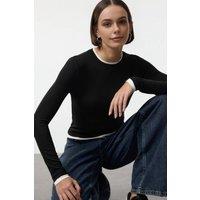 WOVCOR Women's Color Block Fitted Knit Blouse in Black | Size: Large
