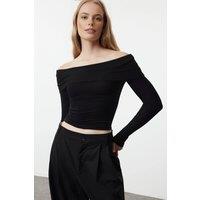 WOVCOR Women's Off-Shoulder Carmen Collar Crop Knit Top in Black | Size: Large