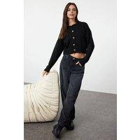 WOVCOR Women's Crop Soft Textured Buttoned Knit Cardigan in Black | Size: Medium