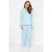 WOVCOR Women's 2-Piece Striped Pattern Polar Fleece Lined Shirt-Pants Knit Pajama Set in Blue | Size: Large