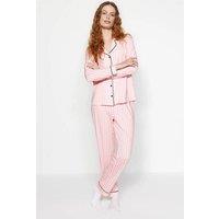 WOVCOR Women's 2-Piece Striped Pattern Polar Fleece Lined Shirt-Pants Knit Pajama Set in Pink | Size: Large