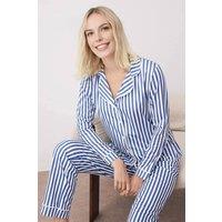 WOVCOR Women's 2-Piece Striped Pattern Polar Fleece Lined Shirt-Pants Knit Pajama Set in Dark Blue | Size: Medium