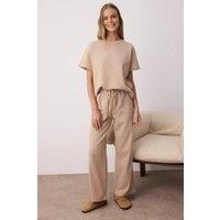 WOVCOR Women's 2-Piece Waffle Textured Knit Pajama Set with Waist Tie Detail in Beige | Size: Large