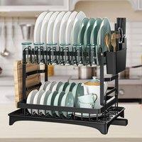 SPETLEK 2-Tier Sink Dish Drainer with Cutlery Tray in Black