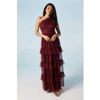 Oasis Women's Pleated Mesh One Shoulder Tiered Maxi Bridesmaid Maxi Dress in Berry | Size: 10
