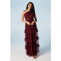 Oasis Women's Pleated Mesh One Shoulder Tiered Maxi Bridesmaid Maxi Dress in Berry | Size: 18