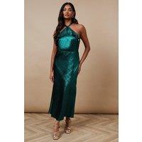 Oasis Women's Foil Halterneck Ruffle Foil Midaxi Dress in Green | Size: 12