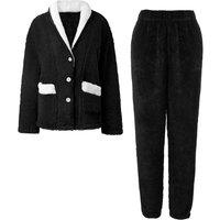 MODISHION Women's Shawl Collar Button-Up Loungewear Set in Black | Size: Small