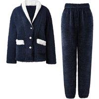MODISHION Women's Shawl Collar Button-Up Loungewear Set in Dark Navy | Size: XL