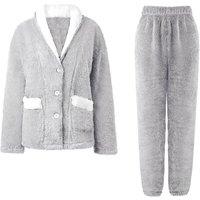 MODISHION Women's Shawl Collar Button-Up Loungewear Set in Grey | Size: Medium