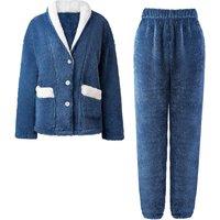 MODISHION Women's Shawl Collar Button-Up Loungewear Set in Dark Blue | Size: Large
