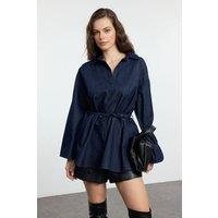 WOVCOR Women's Denim Shirt With Tie-Waist Detail in Navy | Size: Small