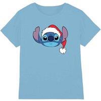 Lilo & Stitch Stitch Santa Hat Kids T-Shirt, Light Blue | Size: 3-4 Years