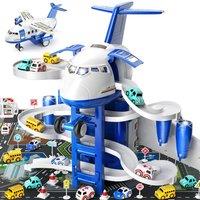 Dyzi Kids Aeroplane Race Track Toy with 8 Cars Sounds Lights & Play Mat
