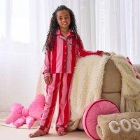 OHS Mini Me Candy Stripe Button Through Kids Pyjama Set in Bright Pink | Size: 9-10 Years
