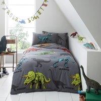 Smart Living Kids Printed Polycotton Duvet Cover or Fitted Sheet With Pillowcases - Dino Friends in Grey | Size: Single Fitted
