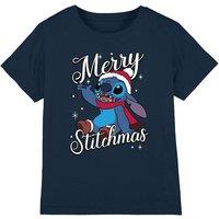 Lilo & Stitch Merry Stitchmas Santa Hat Kids T-Shirt Navy | Size: 12-13 Years
