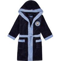 Manchester City FC Boy's Kids Hooded Fleece Dressing Gown Robe in Navy | Size: 13-14 Years